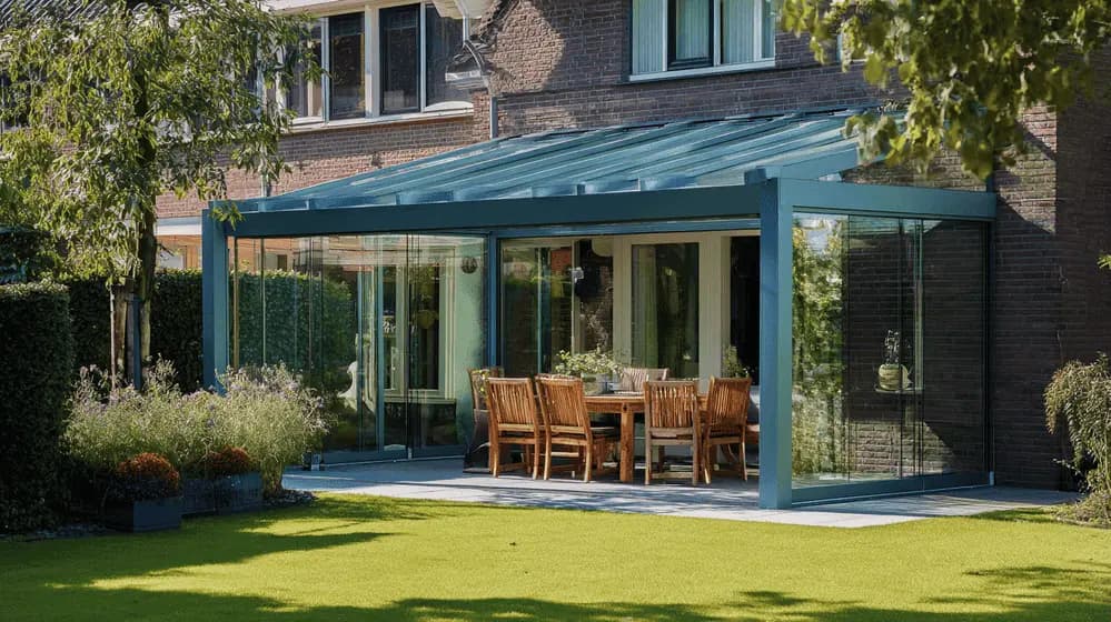 moderne veranda in de achtertuin in de buurt van de erfgrens